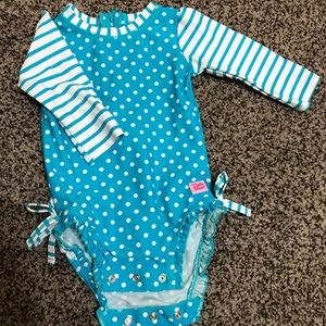 Rufflebutts Teal Polkadot/Stripe baby bathing suit